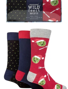 Mens 3 Pair SOCKSHOP Wildfeet Christmas Flat Gift Boxed Socks Sprout 7-11 - Multi Coloured - Size: 7-11 Mens - Wild Feet - FashionsVida