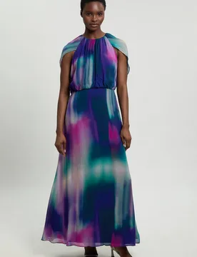 Women's Crinkle Georgette Cape Blur Print Woven Maxi Dress Size: 16 - Multicolor - Size: 16 - Karen millen - FashionsVida
