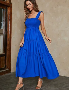Women's Hem Detail Tiered Maxi Dress In Blue Size: XS - Blue - Size: XS - FS Collection - FashionsVida