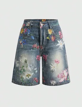 Pantalones capri vaqueros casuales y versátiles con estampado floral retro de estilo fairycore para mujeres XS - Shein - FashionsVida