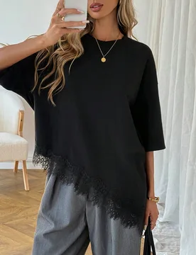 Camiseta de de verano casual con dobladillo asimétrico, patchwork de encaje, top básico suave para uso diario, brunch, vacaciones y descansos de oto - Shein - FashionsVida