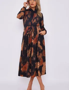 Women's Brown Abstract Print Midaxi Shirt Dress Size: 16 - Multicolor - Size: 16 - LOVE SUNSHINE - FashionsVida