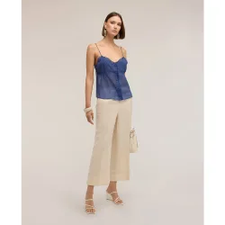 Pantalones de mujer cropped de mezcla de lino cierre con banda elástica en la cintura