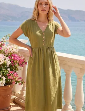 Women's Linen Look Button Midi Dress in Khaki Size: 18 - Khaki - Size: 18 - Roman - FashionsVida