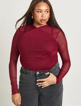Womens Plus Cross Neck Long Sleeve Top - Wine - Size 22 Uk - Boohoo - FashionsVida