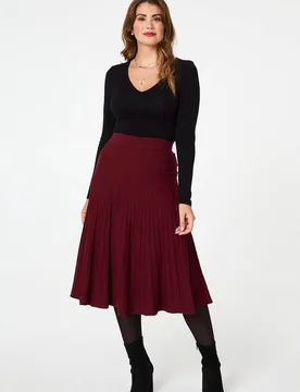 Women's High Waist Pleated Knit Midi Skirt in Wine Size: 16 - Wine - Size: 16 - Izabel London - FashionsVida