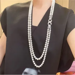 Strands 32-35" Natural White Pearl CZ Connector Necklace For Women