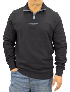 Mens Sweatshirt Quarter Zip Pullover Long Sleeve Top - Black Cotton - Size Large - Weekend Offender - FashionsVida