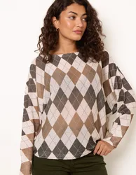Slash Neck Argyle Diamond Jumper - ONE / BROWN - female