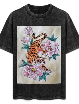 Tiger and Peonies T-Shirt Plus Size Simple Casual Top - Aliexpress - FashionsVida