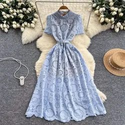 Elegant Embroidered Hollow out Midi Dress for Women Short Sleeve High Waist Belted Fashion Casual Chic Summer Formal