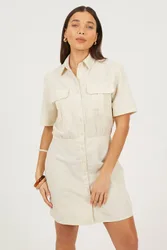 Womens Natural Collared Button Down Mini Shirt Dress - Size Small