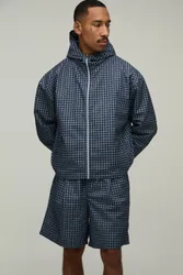 Herren Kariertes Windjacken-Set Mit Tunnelkragen Und Weiten Shorts Navy Größe Medium