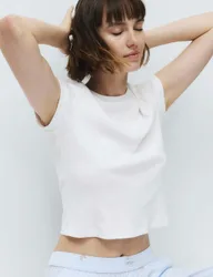 Cotton Modal Ribbed Pyjama T-Shirt Beige Mix female