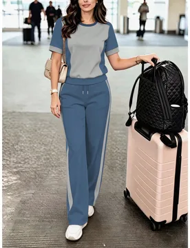 Top de manga corta de cuello redondo estilo universitario con bloques de color, versátil y casual, para mujer, primavera verano otoño, con pantalón - Shein - FashionsVida