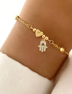 Pieza Pulsera de acero inoxidable con cuentas, con encanto minimalista de mano de Hamsa y letra, regalo para el Día de San Valentín, Día de la Madr - Shein - FashionsVida