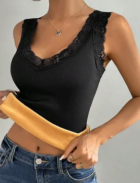 Top de tirantes casual de mujer con cuello en V con encaje y forro térmico, para otoño e invierno S - Shein - FashionsVida