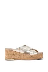 Women's 'Fresco Cross Wedge' Leather Sandals in Gold Size: 7 - Gold - Size: 7