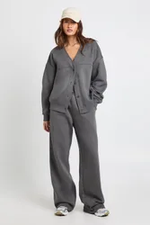 Womens Tall Button Through Cardigan Sweatshirt And Straight Leg Jogger Tracksuit - Charcoal Cotton - Size Large