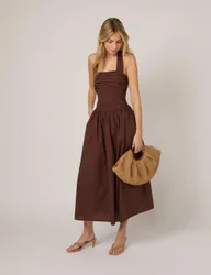 Pure Cotton Halter Neck Midi Waisted Dress Brown female