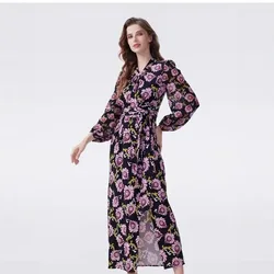 Retro Black Purple Pattern Neck Long-sleeved Dress Waist Split Straps