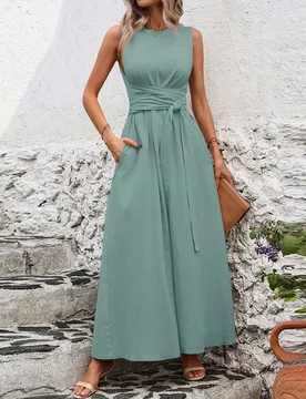 Vestido casual de mujer de unicolor con cuello redondo, sin mangas, cintura con lazo y bolsillo M - Shein - FashionsVida