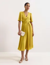 V-Neck Angel Sleeve Midi Wrap Dress Yellow female