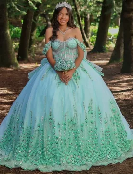 Light Green Quinceanera Dresses Off the Shoulder Glitter 3D Flower Decal Long tail Bow Vestido De 15 Quinceanera Customize - Aliexpress - FashionsVida
