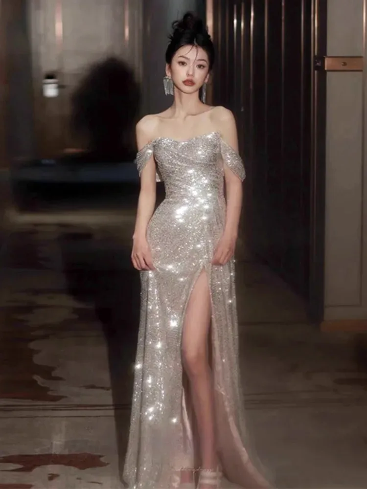 One-shoulder style elegant banquet toasting host sequined dress - Aliexpress - FashionsVida