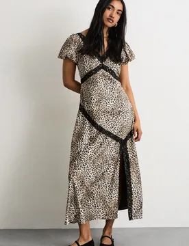 Womens Polkadot Puff Sleeve Lace Trim Midi Dress With Split - Animal - Size 12 Uk - Warehouse - FashionsVida