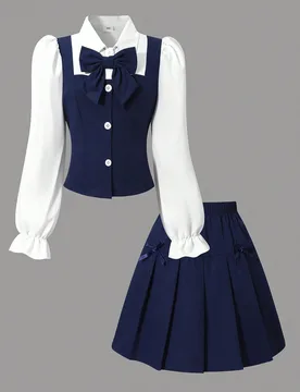 Top de manga larga abullonada con cuello de camisa, patchwork a cuadros, estilo universitario, frente abierto y cintura elástica con falda plisada, a - Shein - FashionsVida