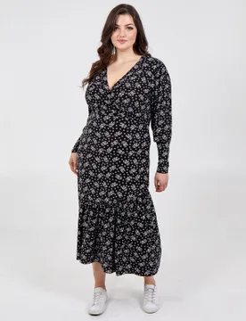 Curve V Neck Long Sleeve Smock Midi Dress - 24 / BLACK - female - Blue Vanilla - FashionsVida