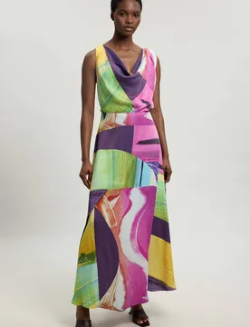 Women's Petite Pink Abstract Twist Shoulder Satin Viscose Midi Dress Size: 12 - Multicolor - Size: 12 - Karen millen - FashionsVida
