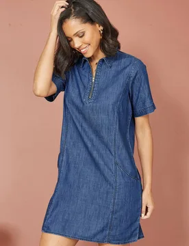 Women's Blue Cotton Chambray Tunic With Zip Neckline Size: 8 - Blue - Size: 8 - Yumi - FashionsVida