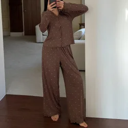 Conjunto de pijama de mujer con estampado de lunares de manga larga, ropa de otoño e invierno M