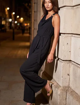 Women's Cowl Neck Hardware Trim Jumpsuit in Black Size: 10 - Black - Size: 10 - Roman - FashionsVida