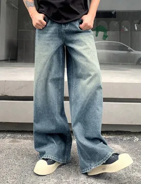 Jeans de pierna ancha y corte holgado para hombres con acabado lavado, bolsillos inclinados y estilo versátil - Shein - FashionsVida