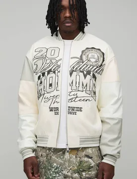 Herren Große Melton- Und PU-Mischgewebe Verzierte College-Jacke Ecru Größe Large - boohooMAN - FashionsVida