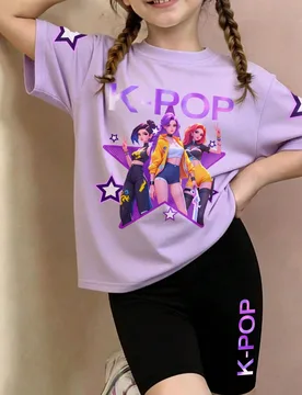 Conjunto de 2 piezas para niñas preadolescentes con camiseta de manga corta de cuello redondo con estampado grupal + pantalones cortos ajustados con - Shein - FashionsVida