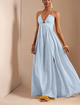 Nuevo vestido largo de mujer con rayas de mar amarillas para primavera y verano, estilo casual de vacaciones con cuello halter sin tirantes, cintura y - Shein - FashionsVida