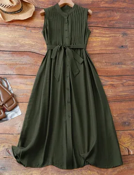 Vestido casual y elegante de talla grande para mujer con cuello redondo, sin mangas, cintura plisada y diseño de lino de una sola hilera, adecuado pa - Shein - FashionsVida