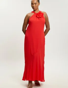 Women's Plus Size Viscose Georgette Rosette Ruffle Halterneck Maxi Dress in Red Size: 20 - Red - Size: 20 - Karen millen - FashionsVida
