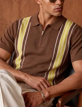 Pieza Camisa polo para hombre, top de punto con rayas verticales y diseño de cuello con cremallera, ropa de transporte cómoda, absorbente de sudor y - Shein - FashionsVida