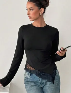 Camiseta de manga larga para mujer con patchwork de encaje, ajuste ceñido, versátil para uso diario, otoño/invierno, formal, negocios, vuelta al co - Shein - FashionsVida