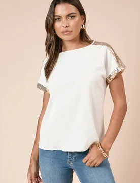 Women's Short Sleeve T-Shirt Sequin Blouse in Ivory Size: 8 - Ivory - Size: 8 - Dorothy perkins - FashionsVida