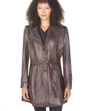 Women's 3/4 Length Trench Coat-Ranchi in Brown Size: 12 - Brown - Size: 12 - Infinity Leather - FashionsVida
