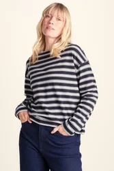 Women's 'Misty' Supersoft Cotton Striped Boat Neck T T-Shirt in Navy Size: 10 - Navy - Size: 10