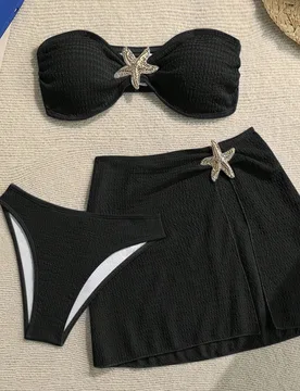 Set de bikini bandeau de 3 piezas de tela texturizada de unicolor, para vacaciones y playa S - Shein - FashionsVida