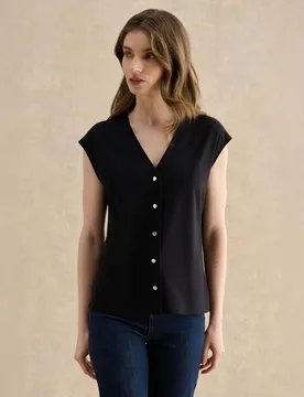 V-Neck Button Detail Top Black female - Hobbs - FashionsVida