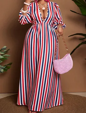 Vestido casual de manga larga con cuello en V y rayas para tallas grandes 2XL - Shein - FashionsVida